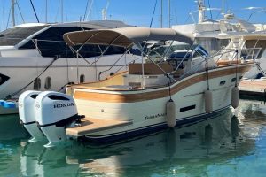 Terra Nauta motor yacht on dry dock, side profile of the boat